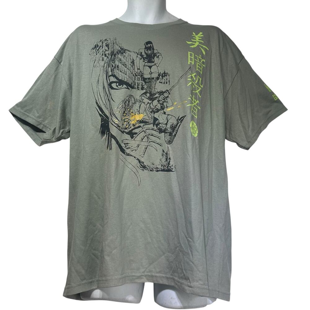 Demons Mercy Graphic Anime Tee Olive Green Unisex Size L